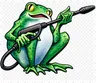 George's Power Washing frog mascot — green watercolor frog with bright yellow eyes, holding a pressure-wash wand in both hands