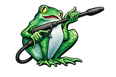 George's Power Washing frog mascot — green watercolor frog with bright yellow eyes, holding a pressure-wash wand in both hands