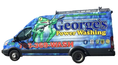 George's Power Washing service van — Ford Transit with frog mascot wrap, phone 703-369-WASH