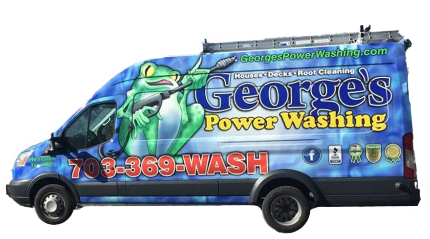 George's Power Washing service van — Ford Transit with frog mascot wrap, phone 703-369-WASH